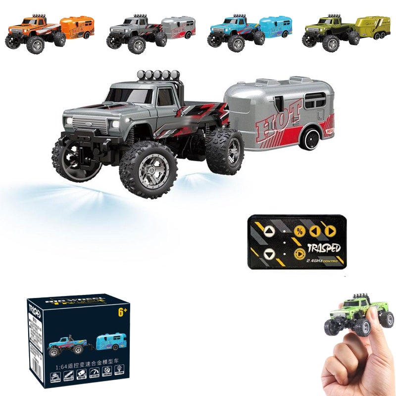 شاحنة وحش RC ميني، شاحنة وحش ميني 1:64 من سبائك الألمنيوم، شاحنات RC شبه مع مقطورة وتحكم عن بعد، سيارات RC لجميع التضاريس بسرعة 20 كم/س مع إضاءة LED هدايا عيد الميلاد ورأس السنة الجديدة للأطفال من 3 سنوات فما فوق (رمادي) - Image 1